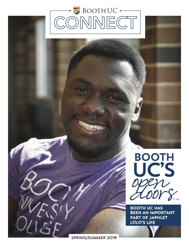 Portrait of male student smiling with text overlay that says "Booth UC's Open Doors"
