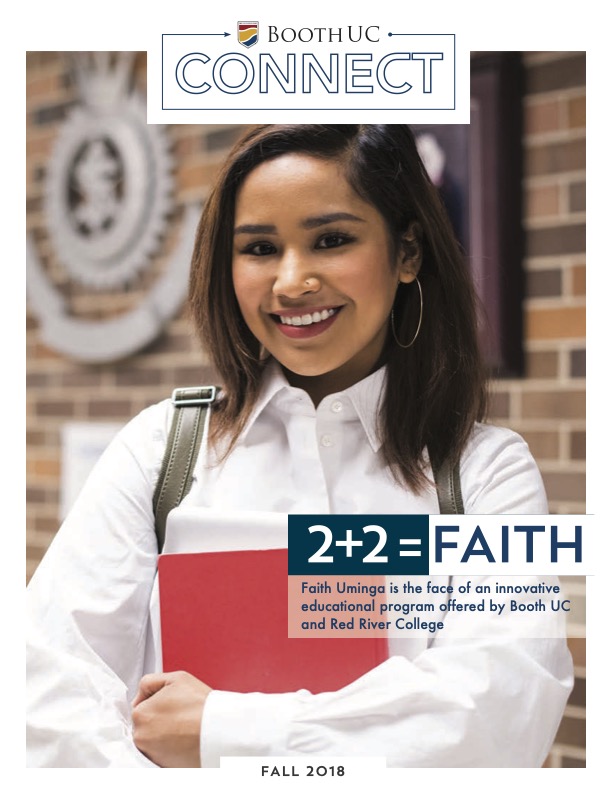 Female student smiling holding school books with text overlay that says "4+4=Faith"
