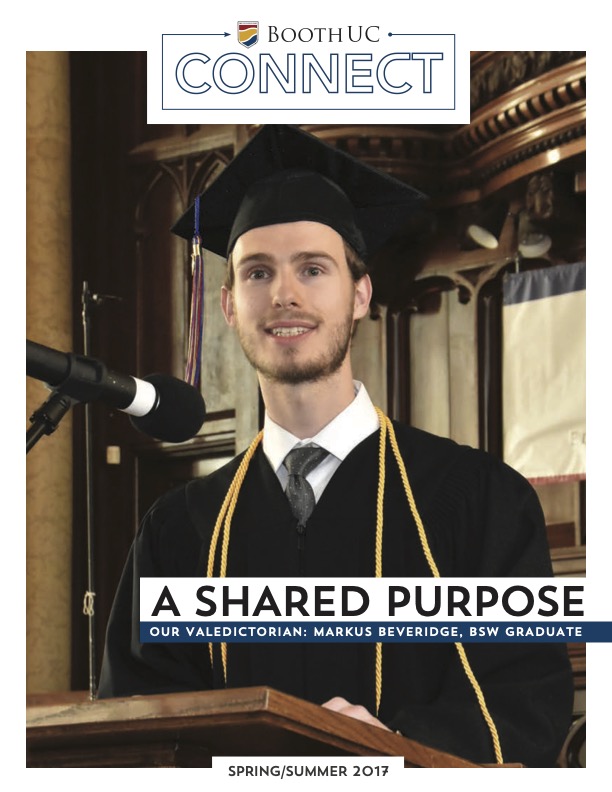 Male student in grad gown and cap standing at a microphone with text overlay that says "A Shared Purpose"