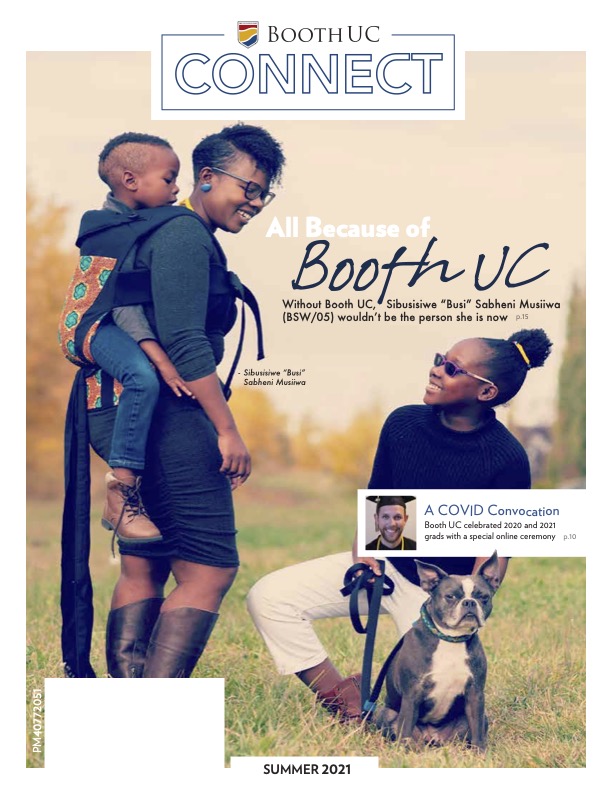 A family of two women, a child on her back, and a dog on a leash in a grass field with text overlay that says "All Because of Booth UC"