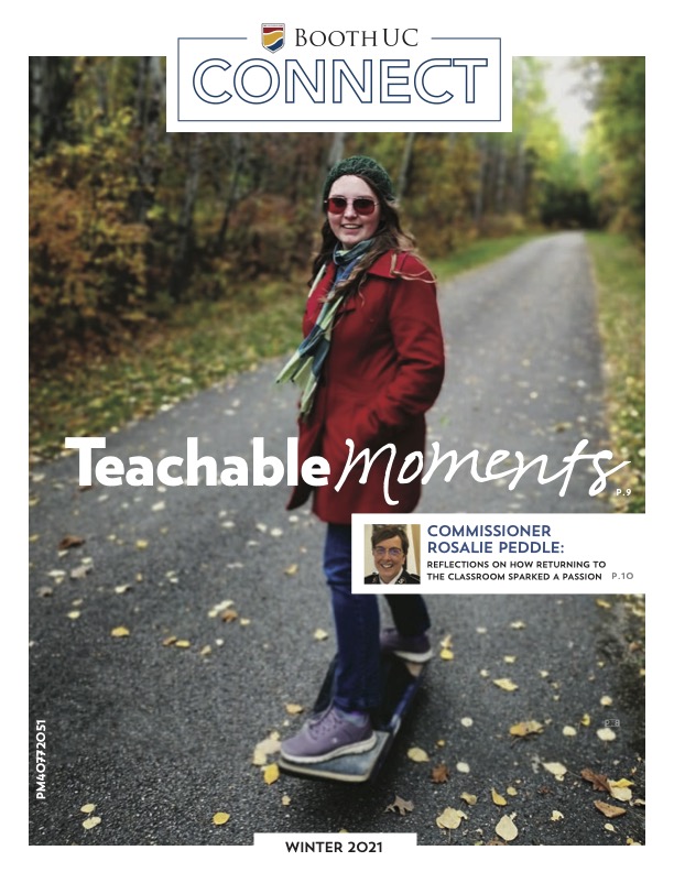 Woman smiling on a skateboard on a path between trees with text overlay that says " Teachable Moments"
