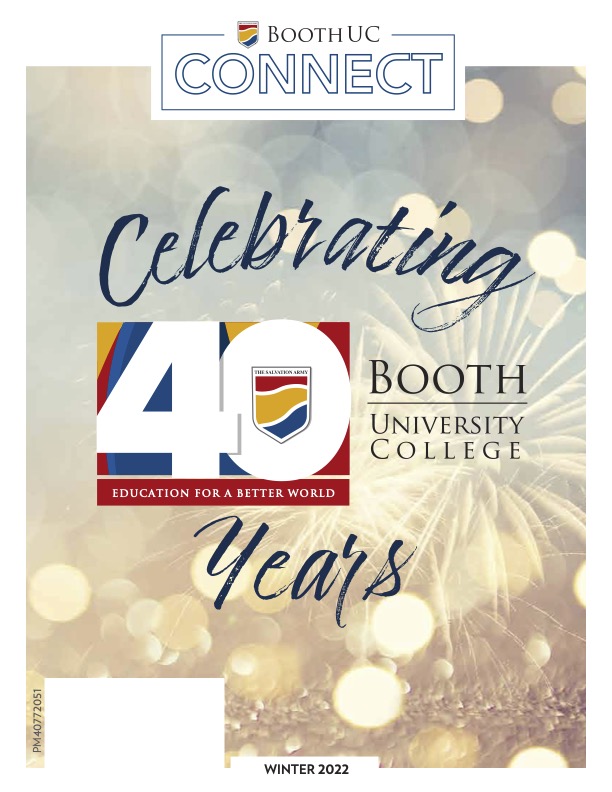Lens flare image of fire works with text overlay that says "Celebrating 40 years of Booth University College"
