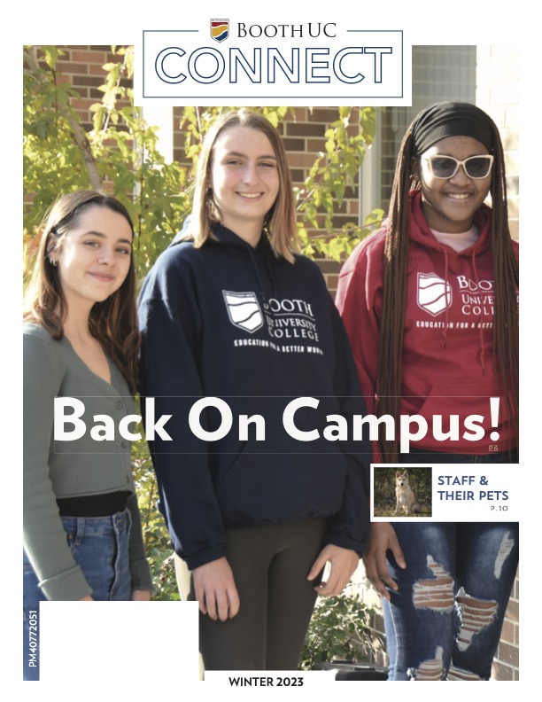 Group of 3 female students smiling outside with text overlay that says "Back on Campus!"