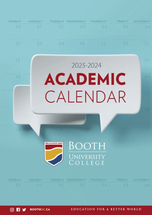 Text bubbles with text reading "2023-2024 Academic Calendar" with the Booth University College logo