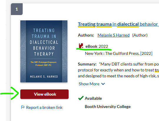 screenshot from the Library Catalogue shows a button to View eBook on the left.