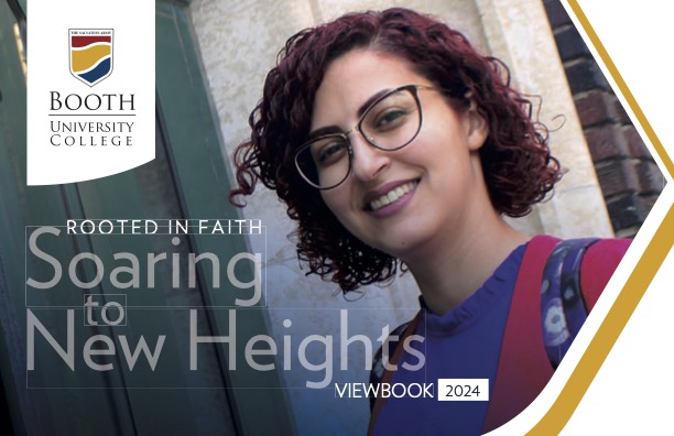 Female student smiling next to text overlay that says "Rooted in Faith Soaring to New Heights Viewbook 2024"