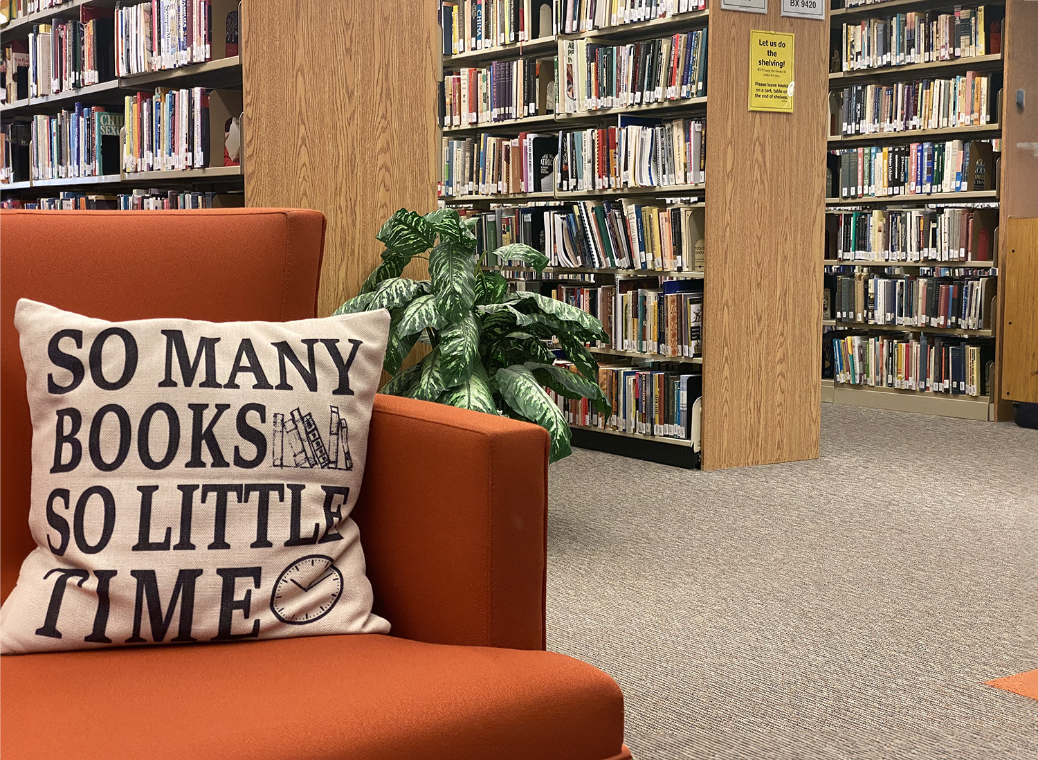A chair with a pillow with text that says "So many books, so little time" with library shelves in the background