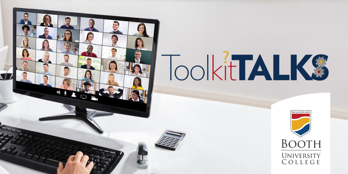 Toolkit Talks logo beside a computer screen showing people on a webinar.