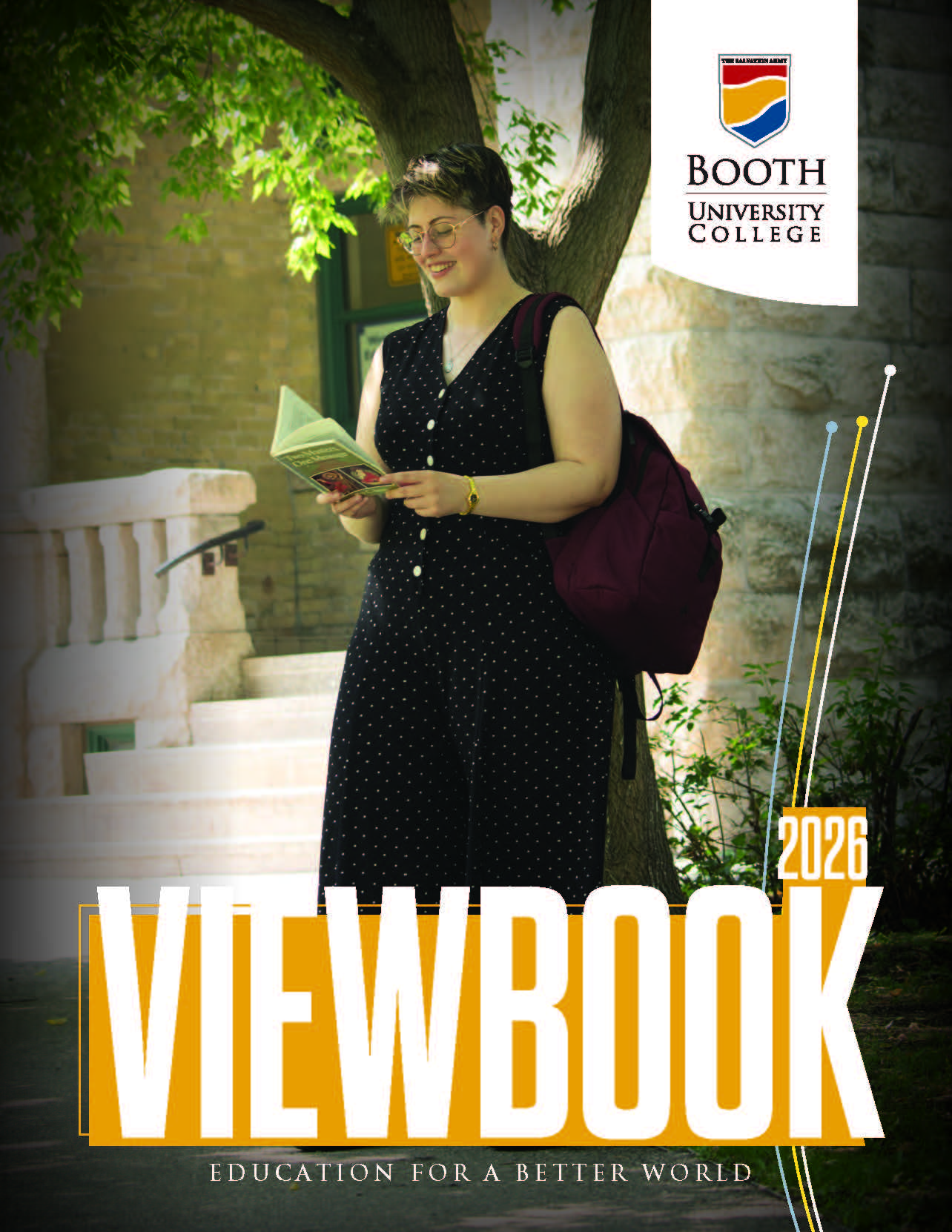 Female student smiling next to text overlay that says "Rooted in Faith Soaring to New Heights Viewbook 2024"