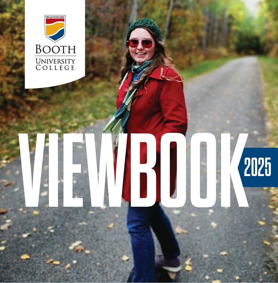 Female student smiling next to text overlay that says "Rooted in Faith Soaring to New Heights Viewbook 2024"